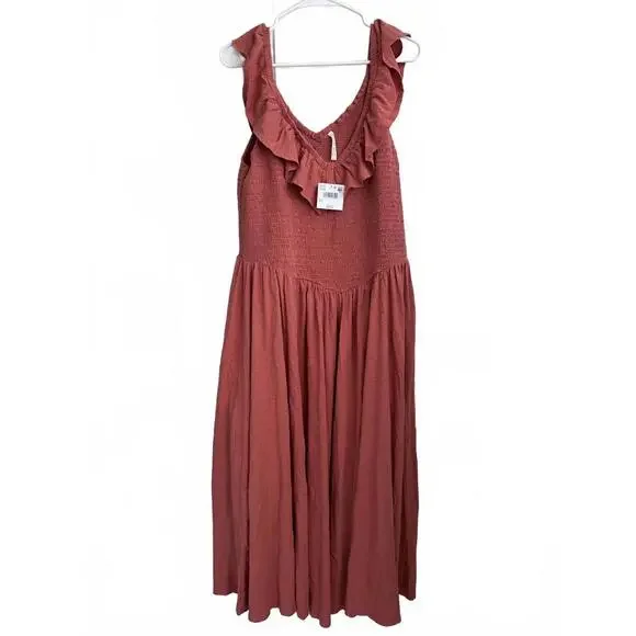 AE 100% Cotton Sunchaser Knit Drop Waist Midi Dress American Eagle Pink NWT  XL